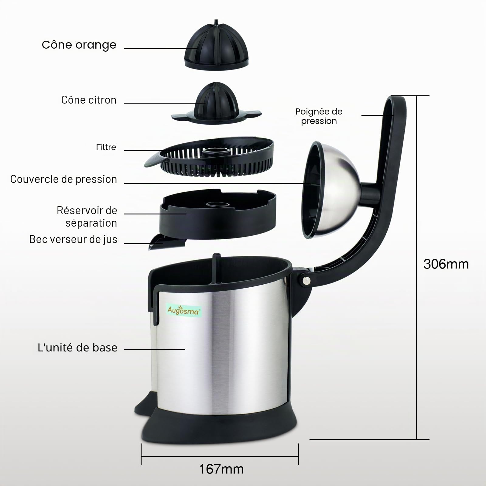 Presse-agrumes électrique de haute qualité, adapté aux oranges, citrons et pamplemousses, acier inoxydable brossé, facile à nettoyer et à utiliser (noir+argent)