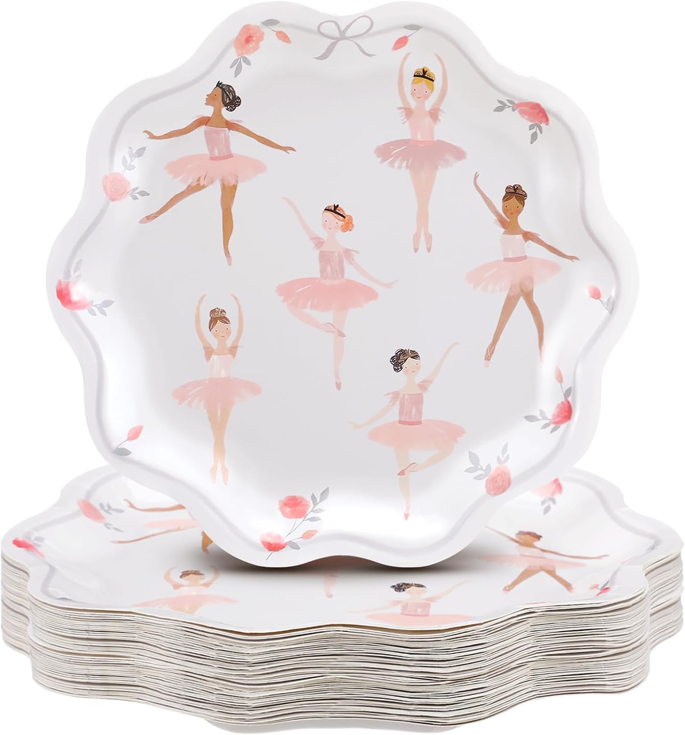 Qinyoung 50 Pack Ballerina Party Paper Plates Ballet Tutu Dancer Disposable 10.5 inch Dinner Plates with Scalloped Trim for Ballet Wedding Baby Shower Birthday Party Decorations (Print,White)