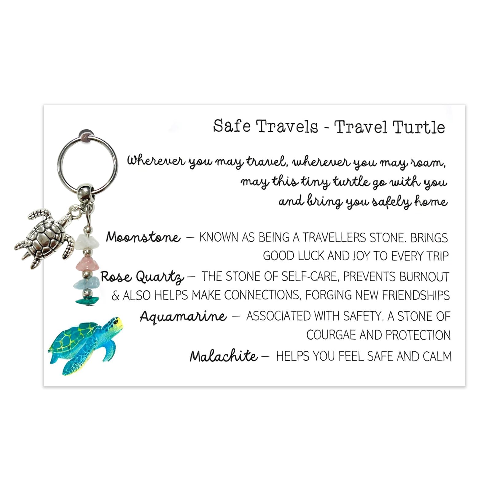 Ethlomoer Safe Travels Travel Turtle Charm Keychain – Healing Crystal Gift Set with Moonstone, Rose Quartz, Aquamarine & Malachite for Protection, Self-Care & Courage