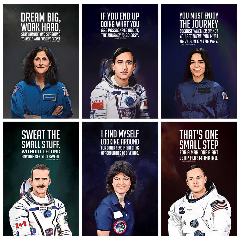 SWASUM Great Astronauts (Scientist) Sunita Williams, Kalpana Chawla, Rakesh Sharma, Neil Armstrong, Sally Ride, Chris Hadfield, Motivational Quotes Posters, Pack of 06. (Vinyl (Self-Adhesive))