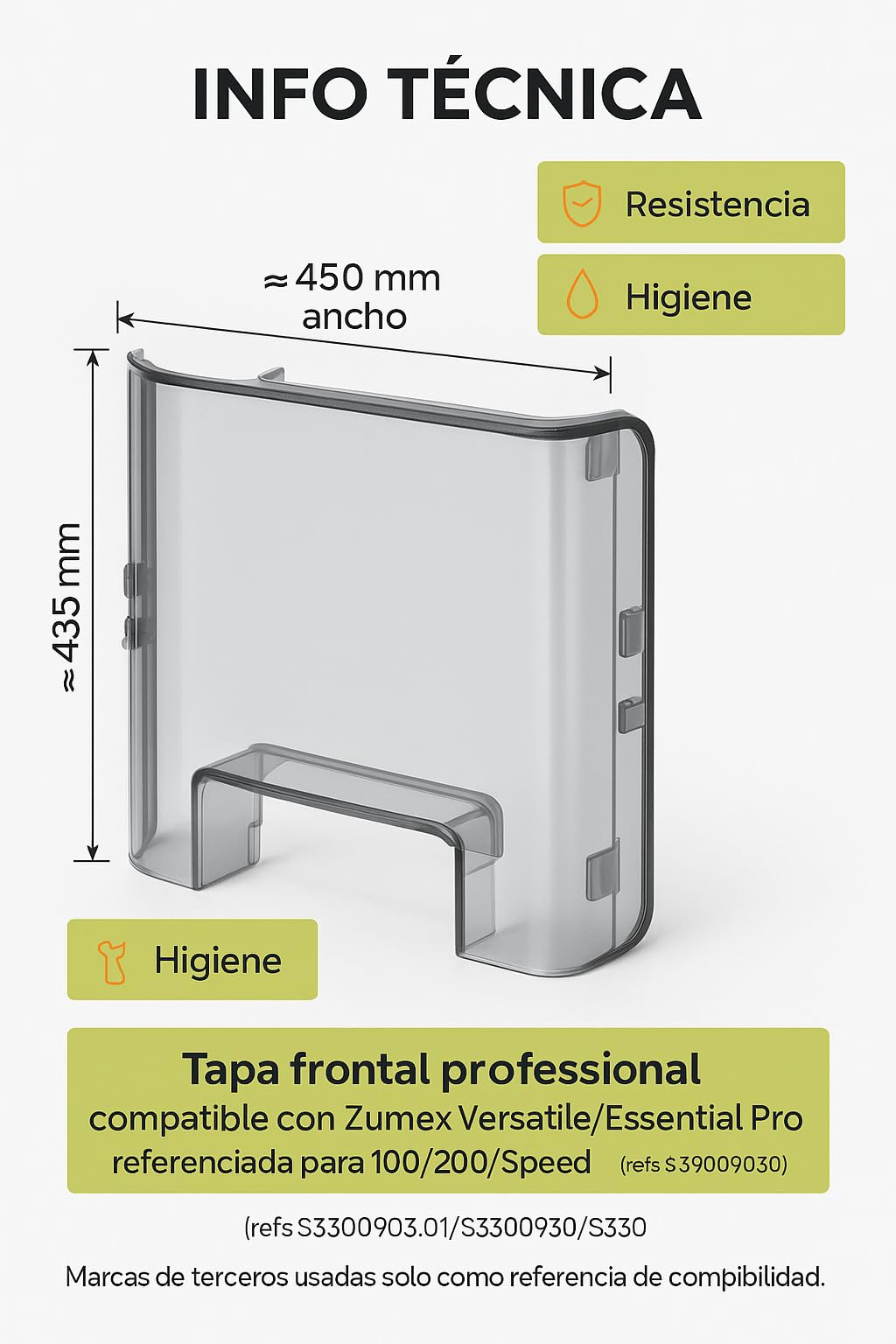 CubetasGastronorm Cubierta Delantera Tapa Frontal Plástico Grafito con Perfil Silicona para Exprimidor compatible Zumex Versatile Essential Pro Ref S3300930:01 450x435 mm Recambio Profesional Original