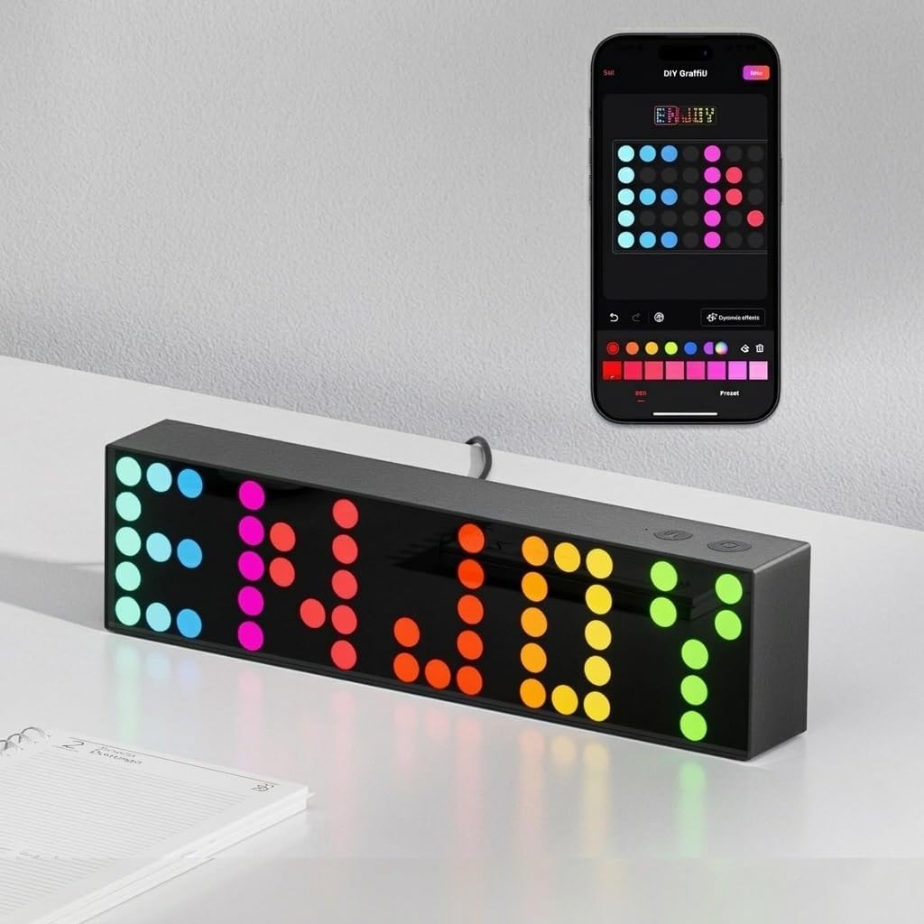YEELIGHT Smart LED Pixel Table Lamp, DIY Desk Lamp 16M Colors, Music Sync RGB+IC Display for Clock/Emoji, Compatible with Alexa & Matter, App Control, 2.4GHz WiFi, Gaming Room & Bedroom Decor