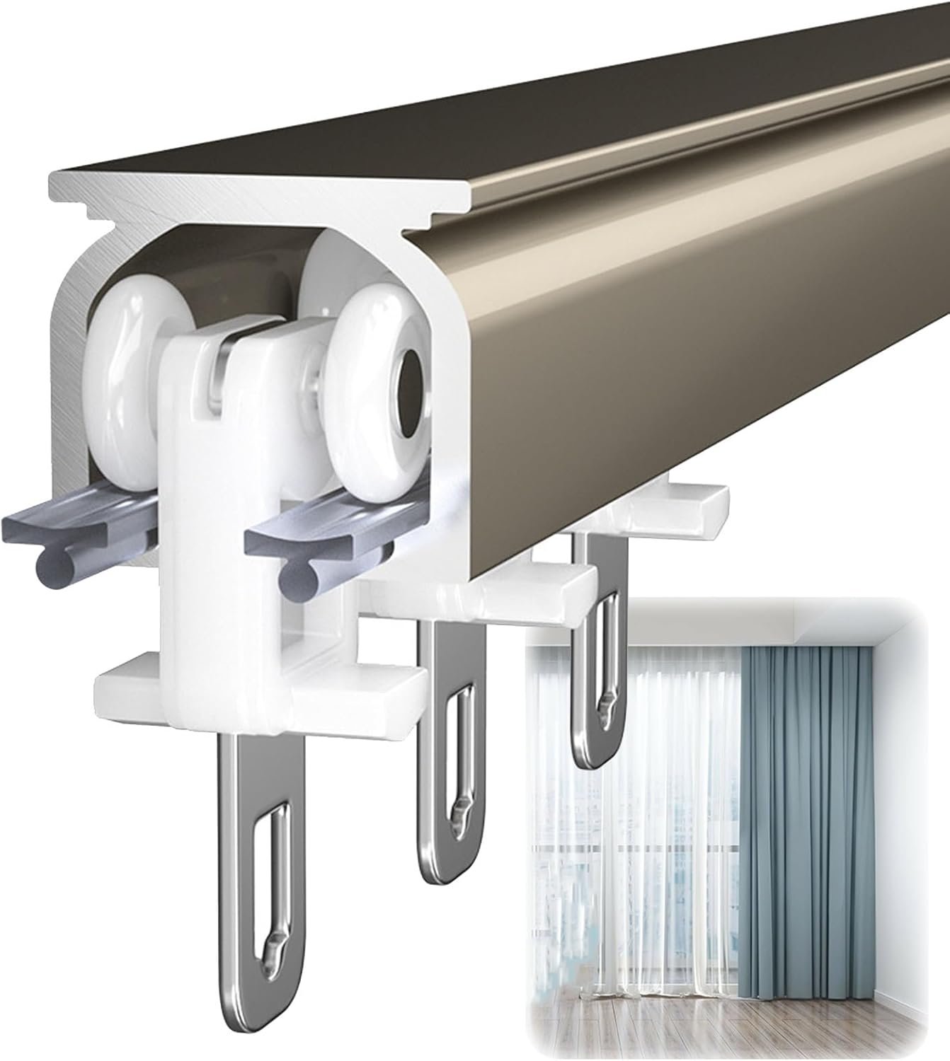 Heavy-Duty Aluminum Curtain Track for Ceiling or Wall Mount - 200cm Sliding Curtain Rods & Drapery Hardware - Stylish Window Treatment System for Bedroom, Champagne Finish