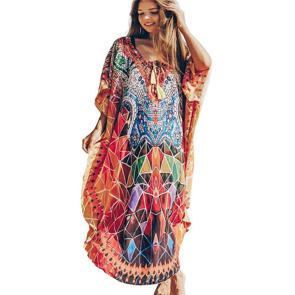 Longue Robe de Plage Maxi Kaftan Pareos Bohème Maillot De Bain Élegante Bikini Cover Up pour Femme, Convient M-5XL,Taille Unique, Multicolore