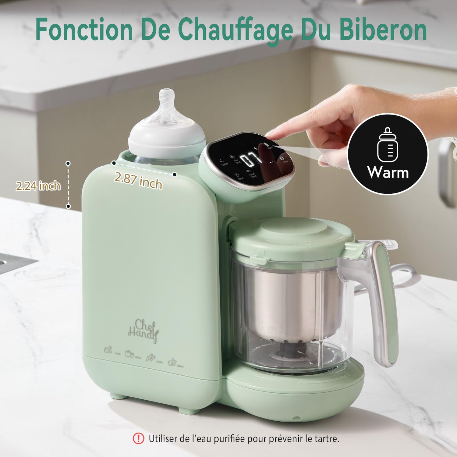 Robot Bébé Cuiseur Mixeur 5-en-1 Chefhandy avec Chauffe-biberon, Stérilisation, Mixage Automatique et Manuel (Vert)