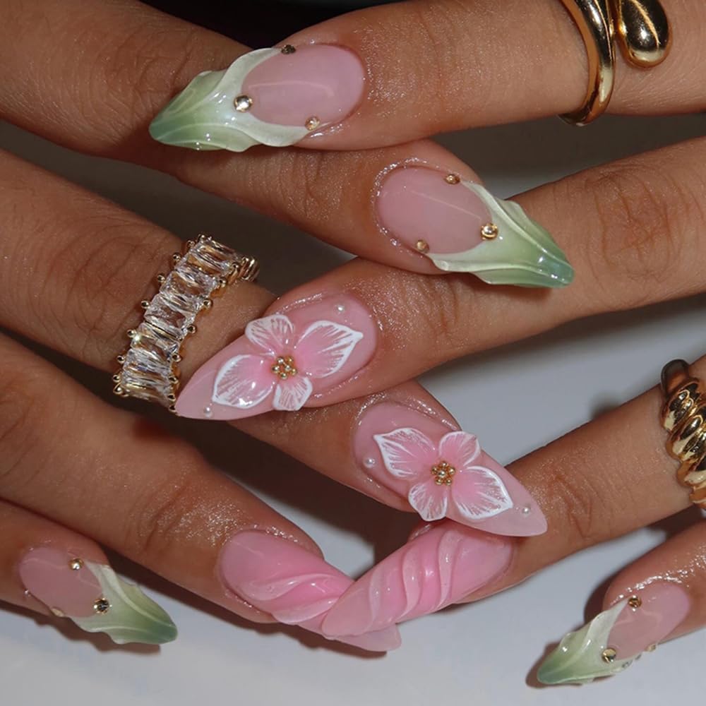 24 Pcs Spring Press on Nails Medium Length Almond, ZIFANHU Fake Nails Press ons French Green Nail Tips Flower Stripes Design Glue on Nails Full Cover