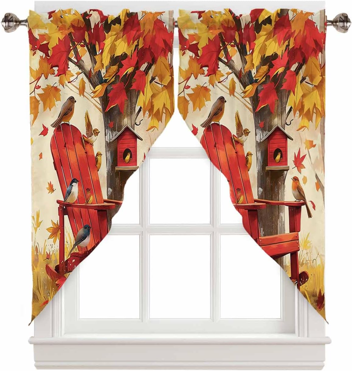 Fall Curtain Swag Valance for Kitchen, Fall Maple Leaf Forest Birds Swag Valance Window Treatment Curtain, Rod Pocket Swag Curtains Tier for Bathroom Farmhouses Bedroom Decor 28"x36"x2