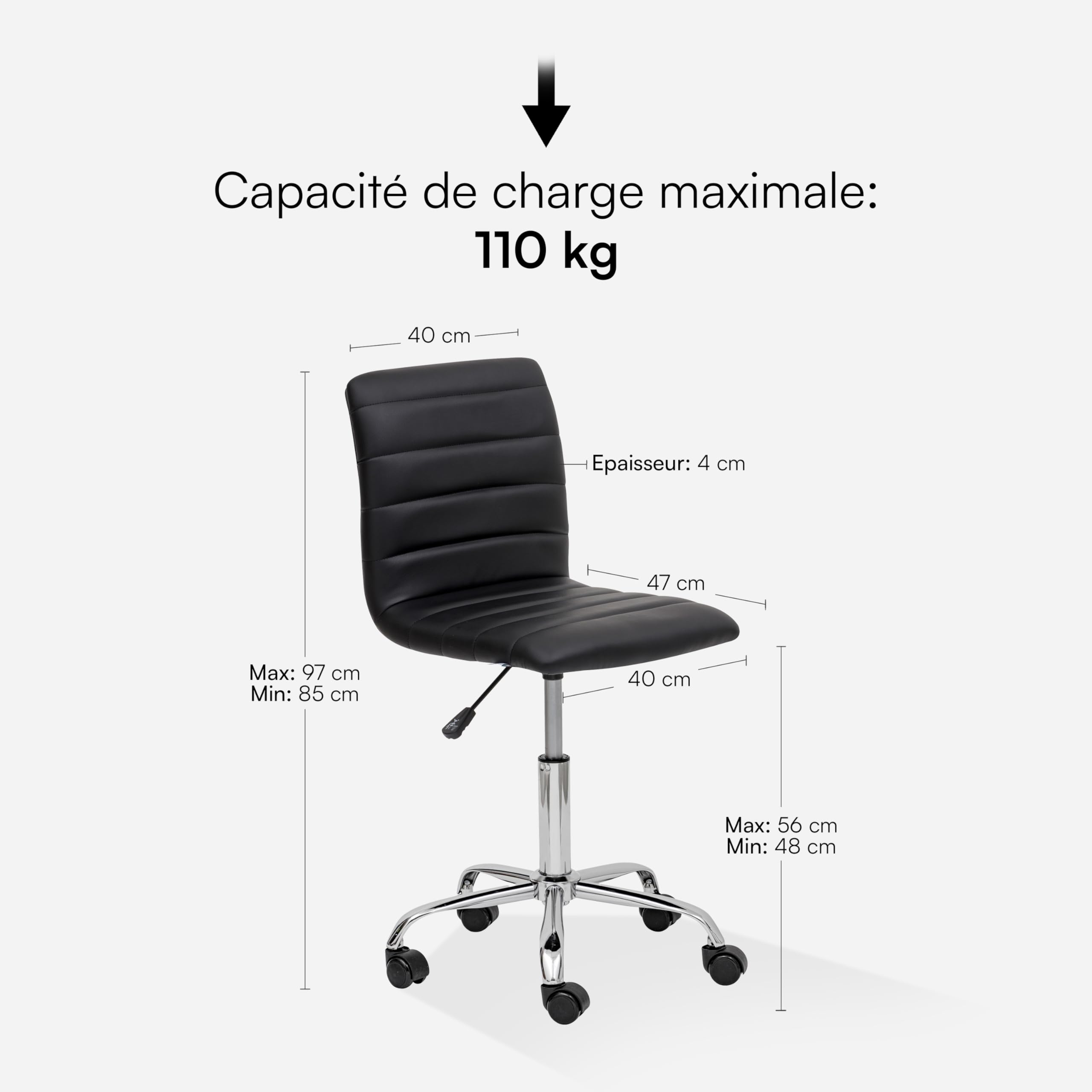 Baroni Home Chaise de Bureau Ergonomique avec roulettes en Acier pour étude et Travail, Chaise sans accoudoirs, Fauteuil de Bureau, 85x47x40 cm, Noir