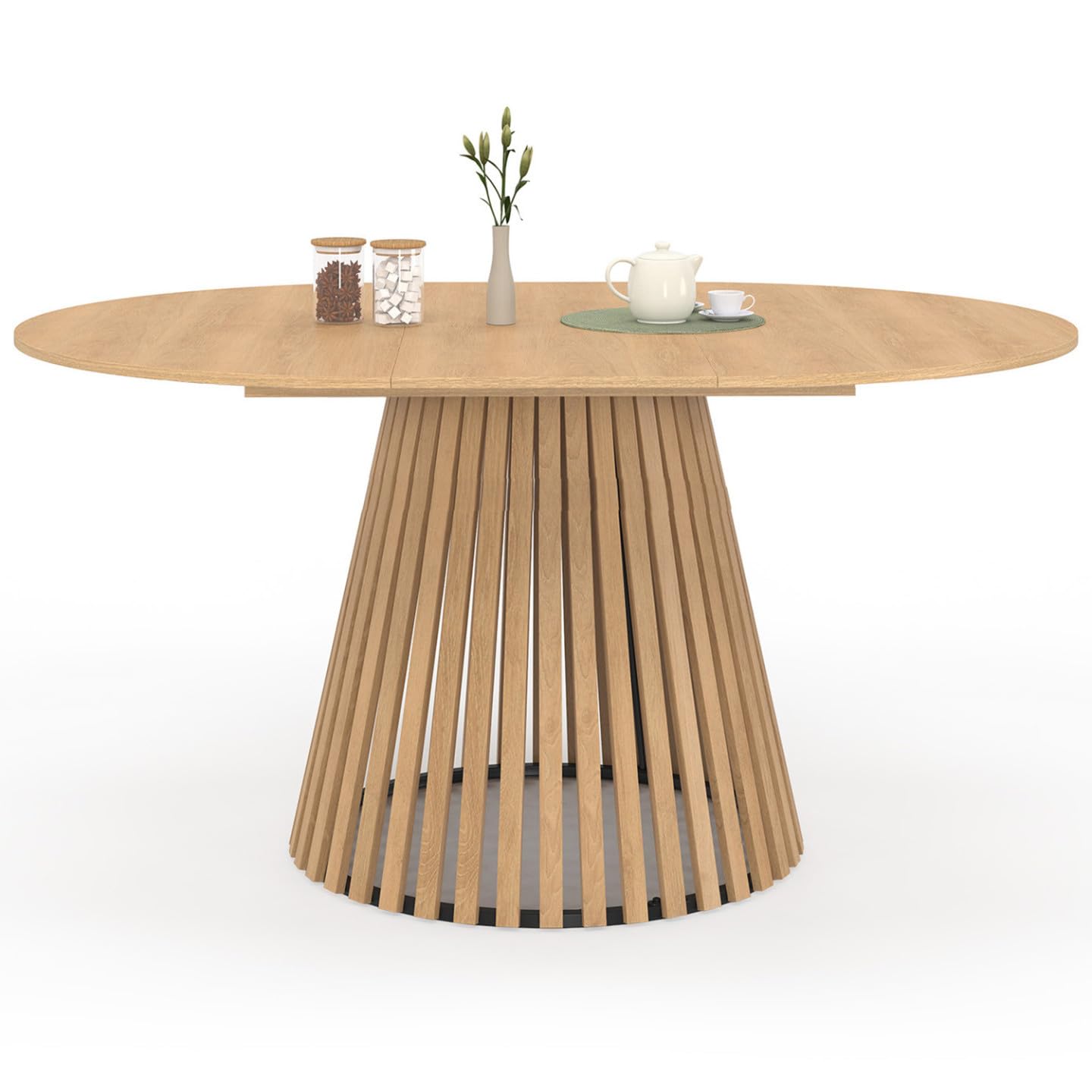 IDMarket – Mesa de comedor extensible redonda Carmen 4-​8 personas, pie de madera de lamas y bandeja de madera, 110-​150 cm