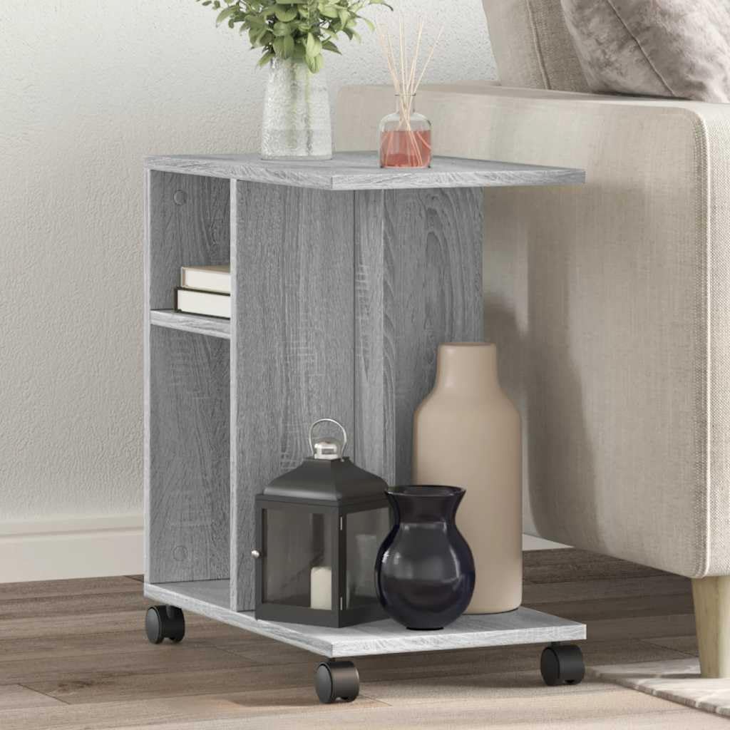 Beistelltisch mit Rollen Grau Sonoma Holzwerkstoff 50x30x55 cm Couchtisch mit Ablagefach für Wohnzimmer Schlafzimmer Flur Balkon, Sofatisch mit Stauraum und Bremsen, praktischer Ablagetisch
