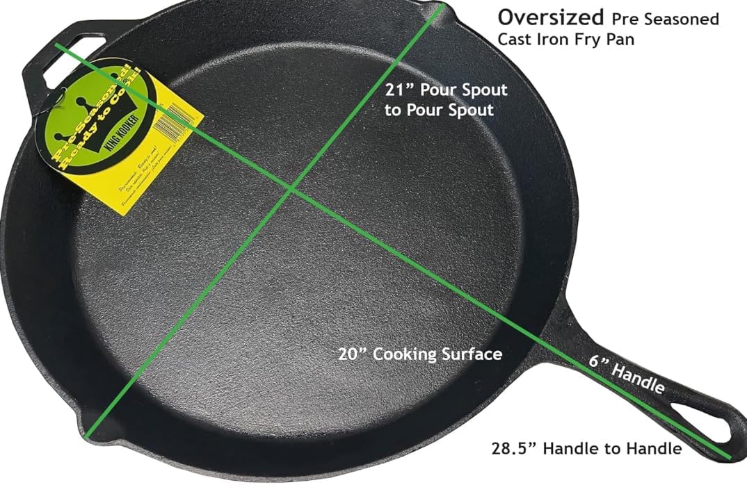 King Kooker 20-inch Oversized Seasoned Cast Iron Skillet Heavy Duty Pan Ideal for Gas Grill, Oven, Campfire Use