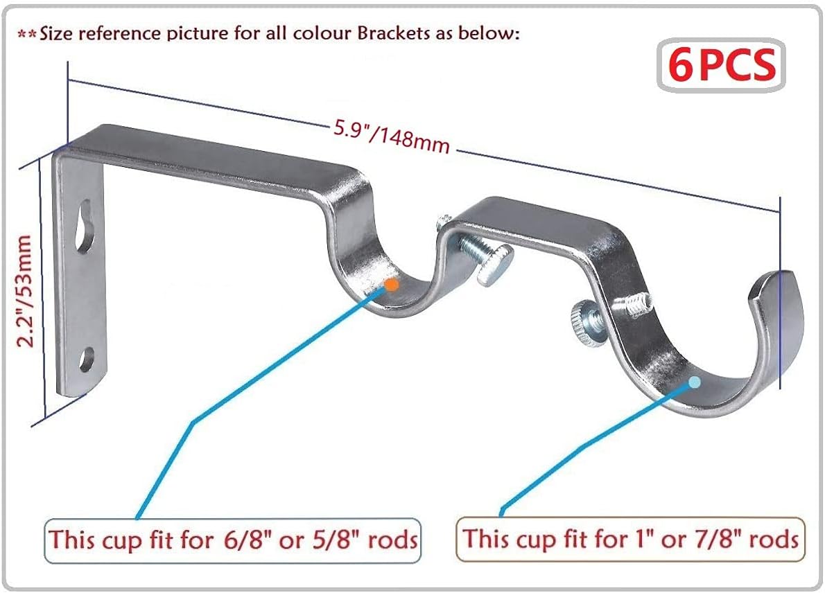 Double Curtain Rod Hanging Brackets Havy Duty Rod Holder 6Pcs-Satin Nickel