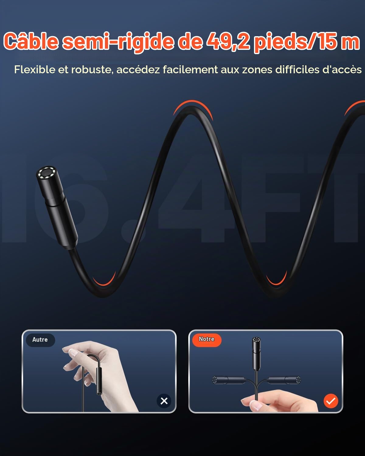 VEVOR Caméra Endoscopique avec Câble Semi-rigide 15 m, Endoscope HD 1920p pour Android et iOS, avec 8 Lumières LED Réglables, Zoom, Étanche IP67, Caméra Serpent d'Inspection pour Automobile, Plomberie