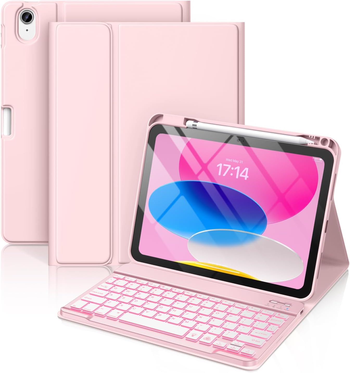 Hamile - iPad 10th Generation Case with Keyboard 10.9 inch, 7 Colors Backlit, Wireless Keyboard Case with Pencil Holder for iPad 10th Generation 2022 (Pink