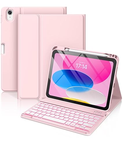 Hamile for iPad 11th 10th Generation Case with Keyboard - 7 Colors Backlit Wireless Detachable Folio Keyboard Cover with Pencil Holder for iPad 11-inch A16 2025 10th Gen 10.9 Inch 2022 (Light Pink) - Light Pink