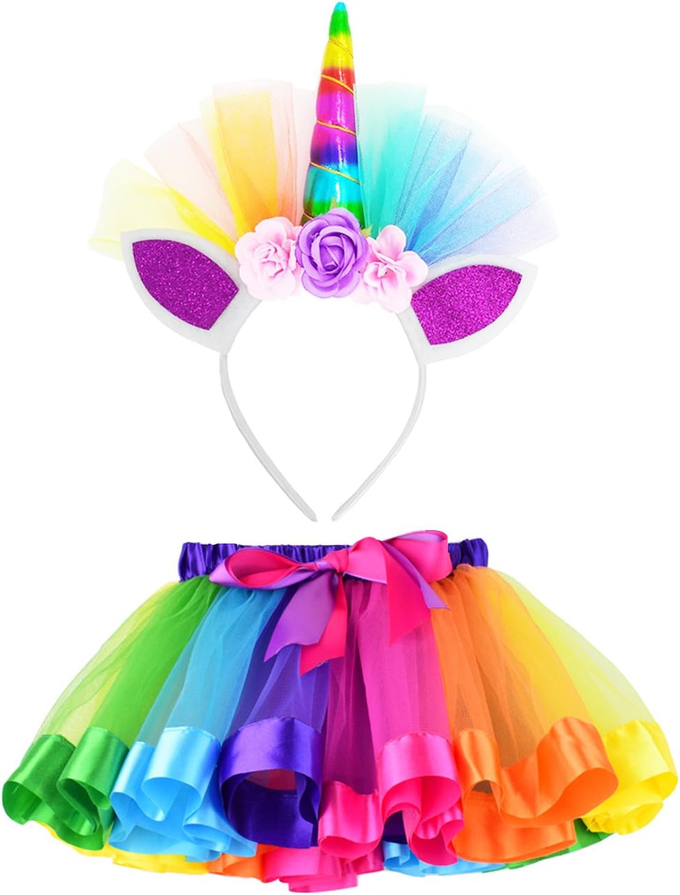 LYLKD Little Girls Layered Rainbow Tutu Skirts with Sparkling Unicorn Horn Headband