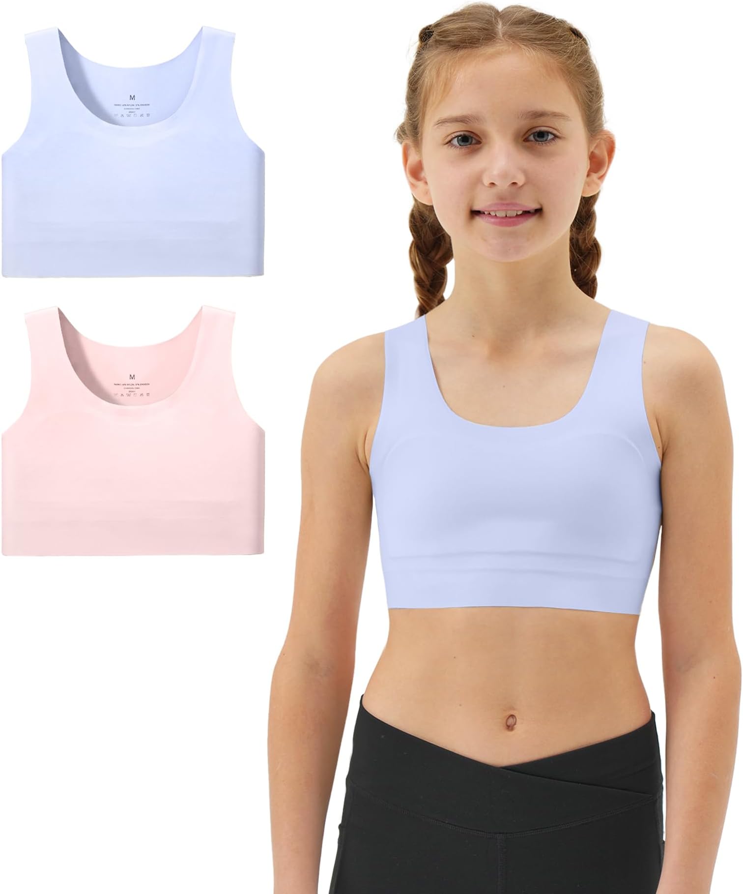 Girls Soft Training Bras 7-12 Seamless First Bra Girls Sports Bras Longline Crop - No Pads, Chest Double Lined