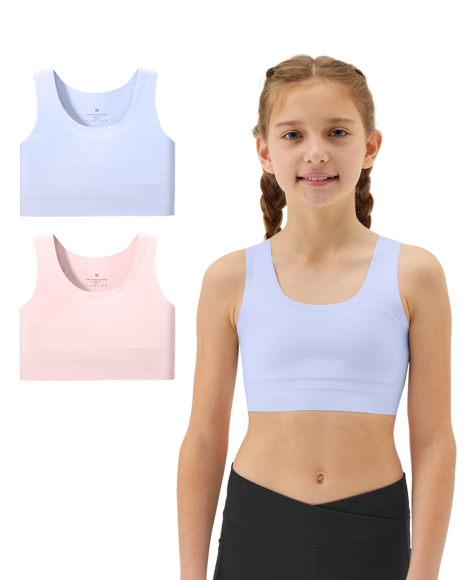 Girls Soft Training Bras 7-12 Seamless First Bra Girls Sports Bras Longline Crop - No Pads, Chest Double Lined