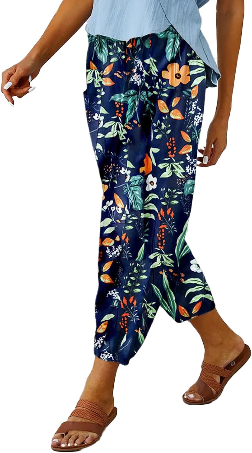 WROLEM Womens High Waist Pants Drawstring Wide Leg Cropped Casual Loose Capris with Pockets for Women