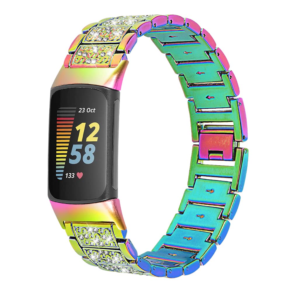 Cinturino In Metallo Con Strass Per Fitbit Charge 5 - AISPORTS, Regolabile Da 140 A 205 Mm, Con Cristalli Brillanti, Ricambio Elegante