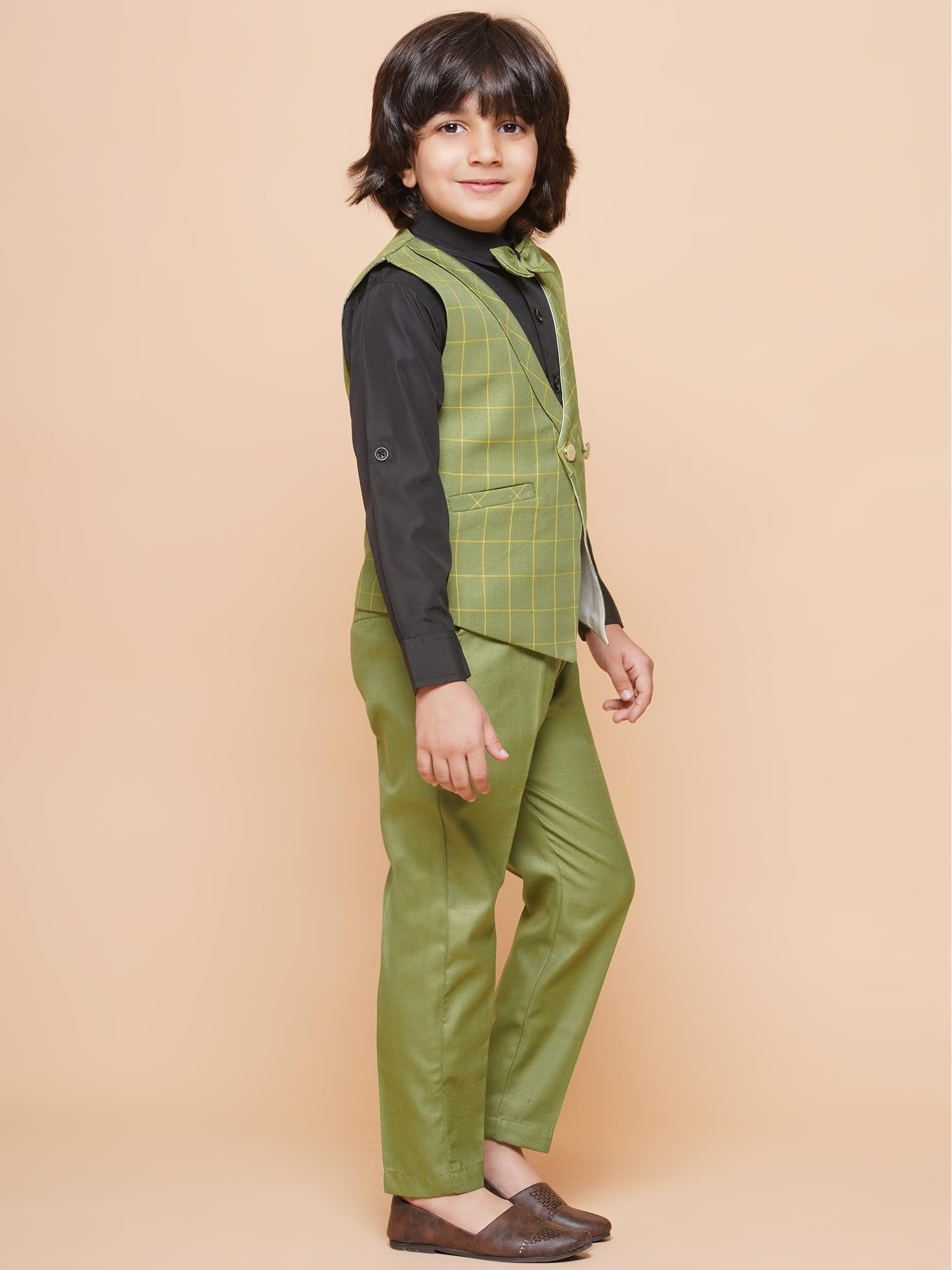 AJ DEZINES Kids Cotton Blend Green Checkered Clothing Suit Set for Boys with Waist Coat (757-GREEN-5) - Image 5 thumbnail