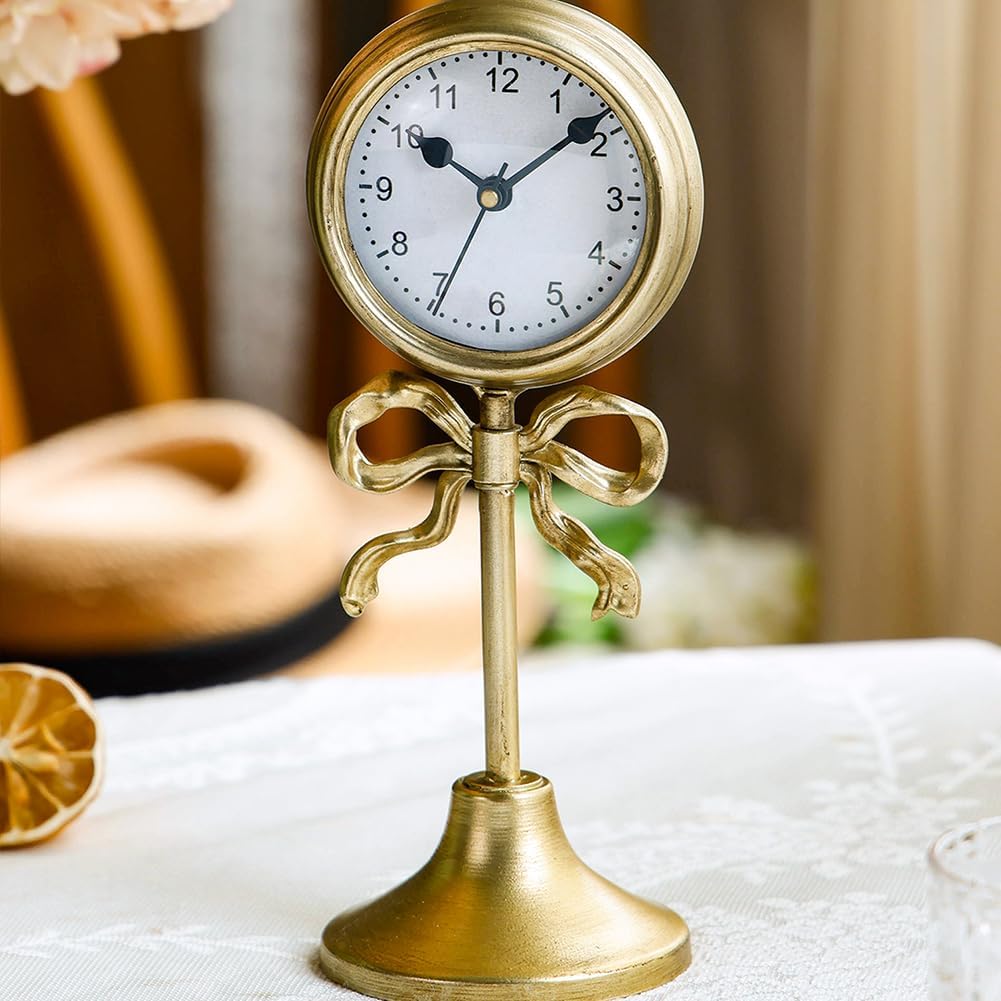 Vintage Bowknot Table Clock Decorative Iron Desk Clock for Home Office – Elegant Gold Finish, 8.7" Tall Retro Standing Clock