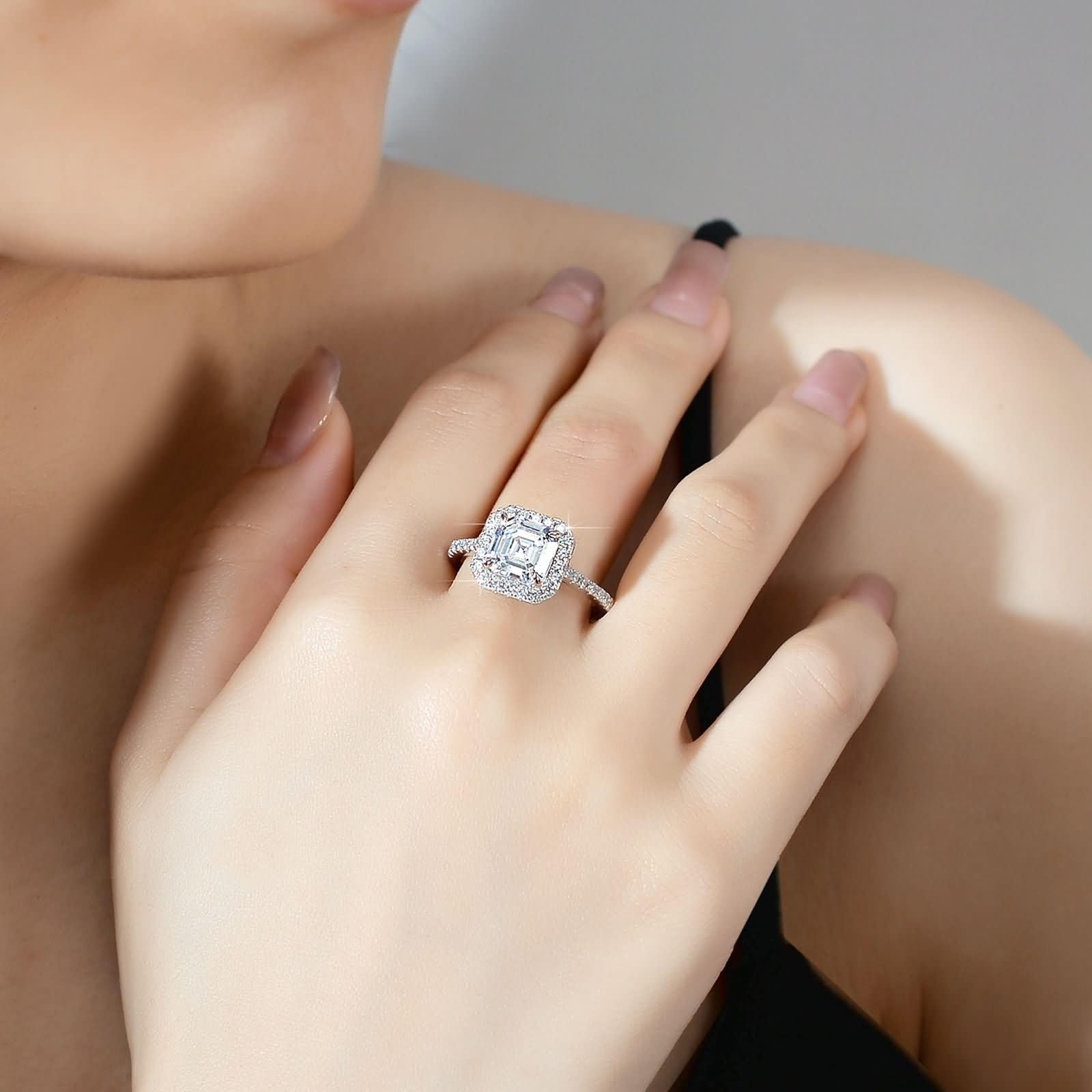 Anillo de oro para mujer, anillo de compromiso, oro blanco, halo con moissanite de 3 quilates, anillo de boda de oro auténtico para mujer