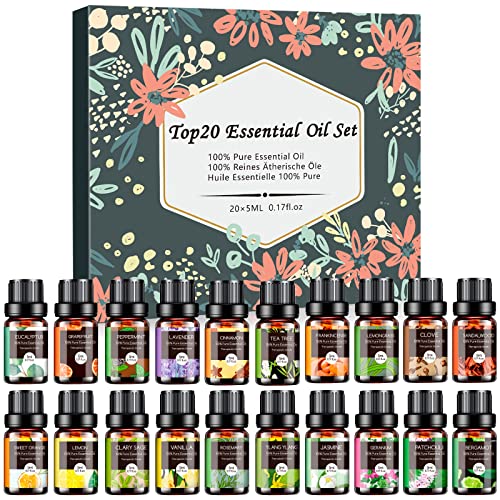 Essential Oils Set - 20x5ml Essential Oil Kit for Diffuser, Humidifier, Aromatherapy, Massage, Skin & Hair Care - Lavender, Tea Tree, Lemon, Orange, Peppermint, Rosemary, Lemongrass Aromatherapy Oils