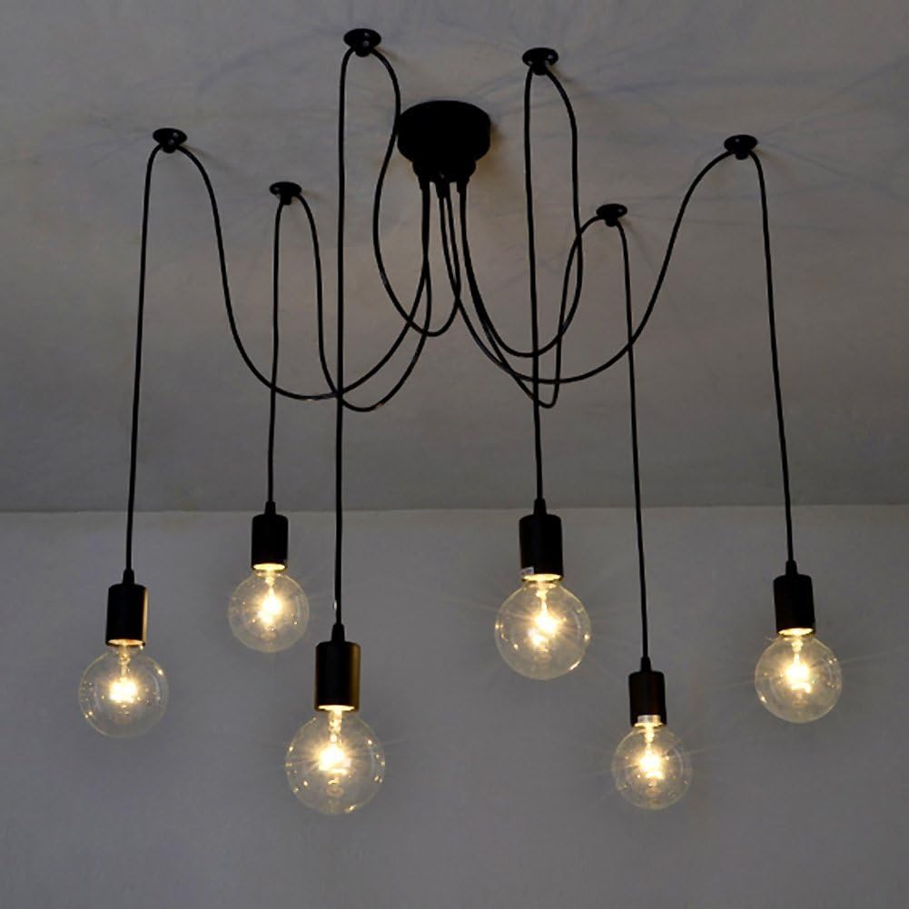GRACIAS HOME Vintage DIY 6 Heads Pendant Ceiling Light, Ajustable Spider Light Fixtures, E27 Retro Chandelier Pendant Light