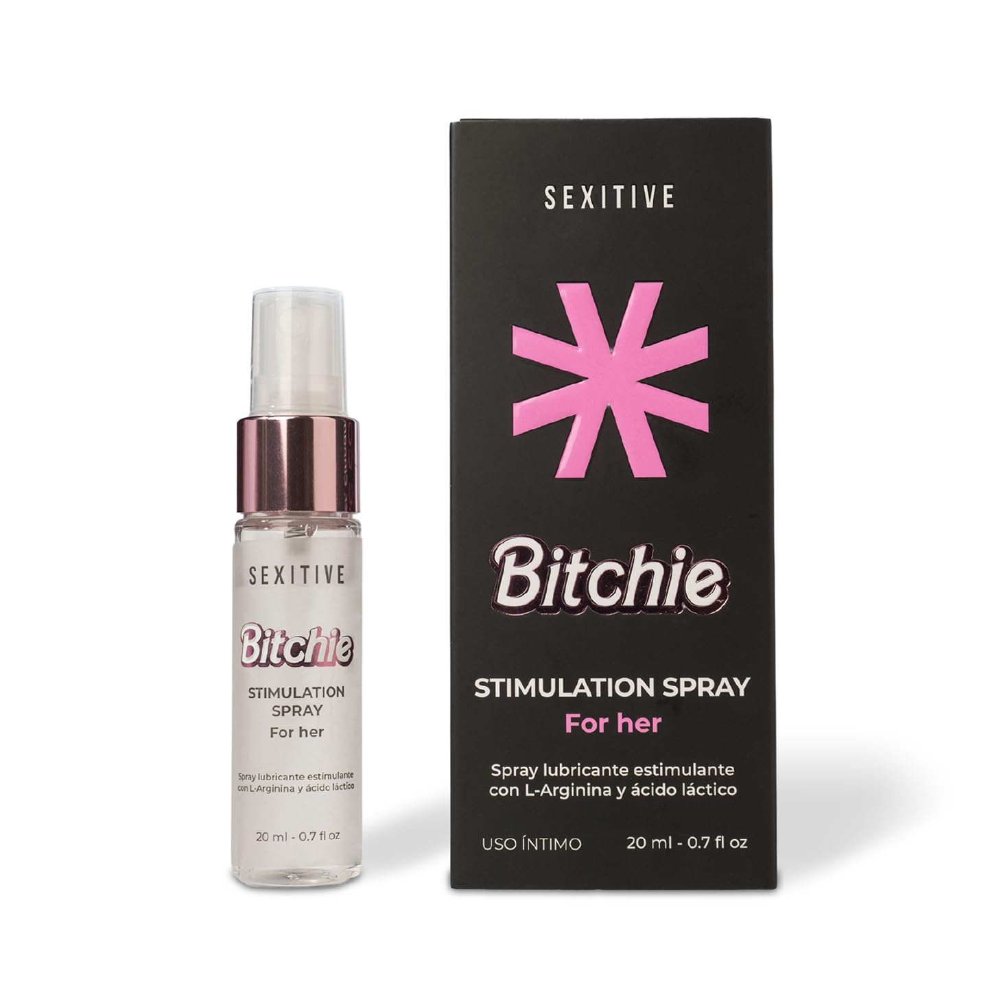 BITCHIE Spray orgásmico rápido. Estimulante femenino con L-Arginina y Ácido láctico - Orgasmos más intensos. Complejo afrodisíaco en base a Guaraná, Ginseng, Ginger y Cinnamon - 20 ml - 0.7 fl oz.