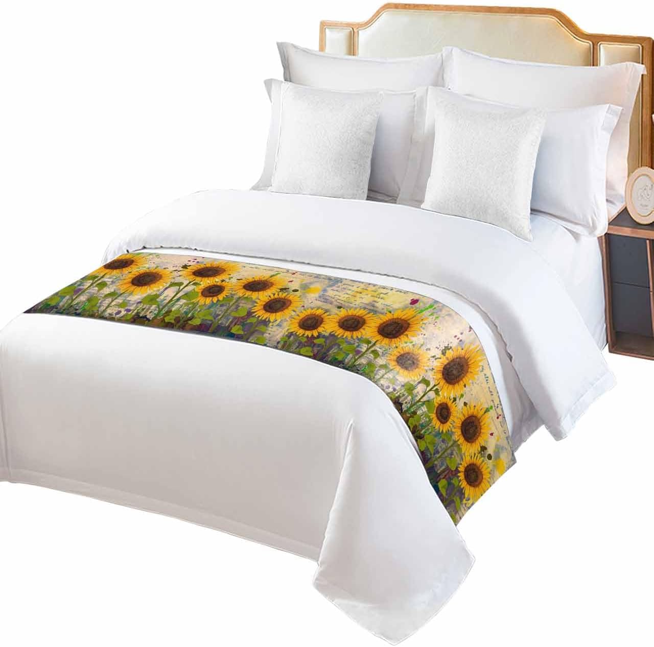 Watercolor Sunflowers Bed Runner Scarf Full Queen Size, Farmhouse Retro Botanical Floral Luxury Bed Throw Runners & Scarves for Twin Full Queen King Foot of Bed, Bedroom Hotel Decoration, 83"x20"