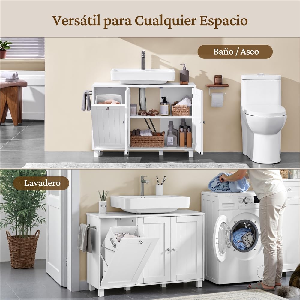 Yaheetech 2 Mueble Bajo Lavabo con Cestos para Ropa Sucia Mueble Baño sin Lavabo con 1 Bolsa Interior Extraíble 90x30x62,5 cm 2 Puertas Armario de Almacenamiento Blanco