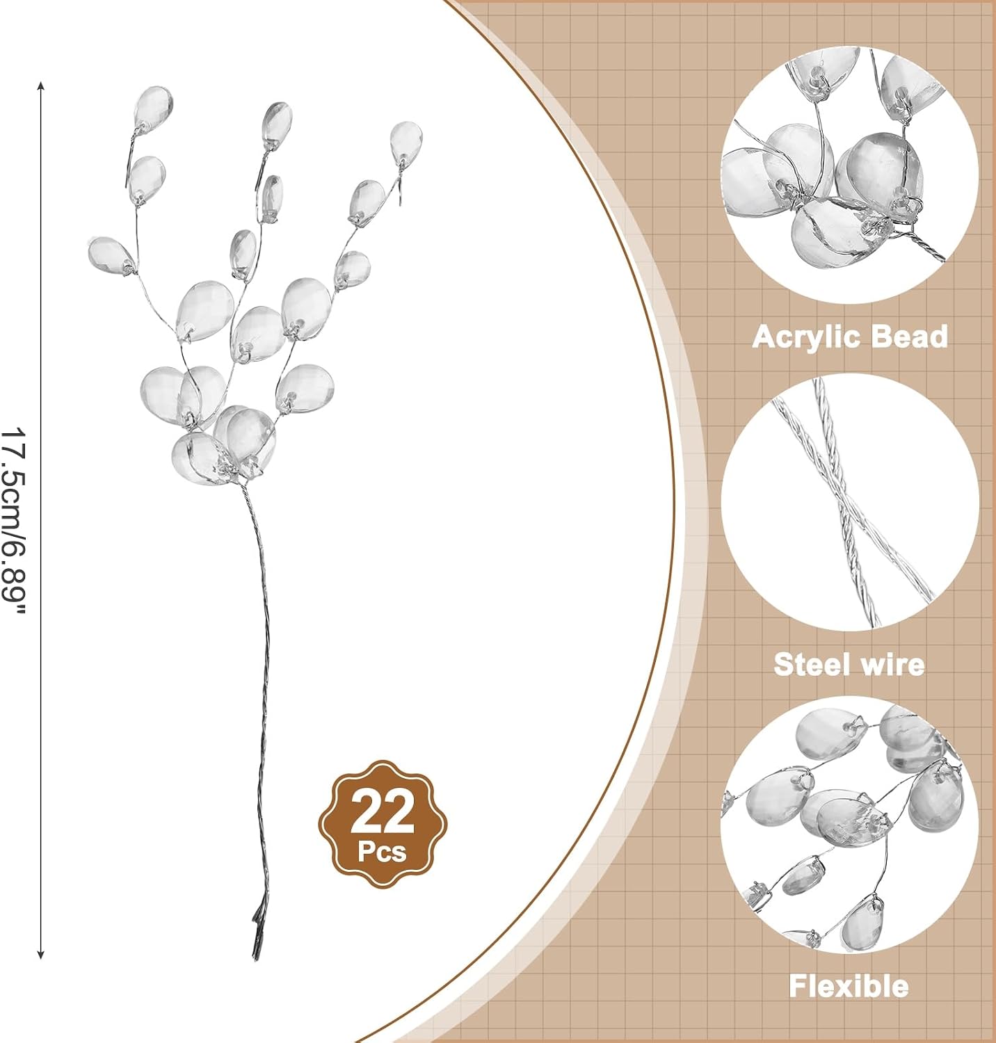 MECCANIXITY 22 Pcs Acrylic Bead Drop Stems, Crystal Floral Picks Artificial Crystal Bouquets Flowers for Wedding Party Home Decoration DIY Crafts Celebrations (White)