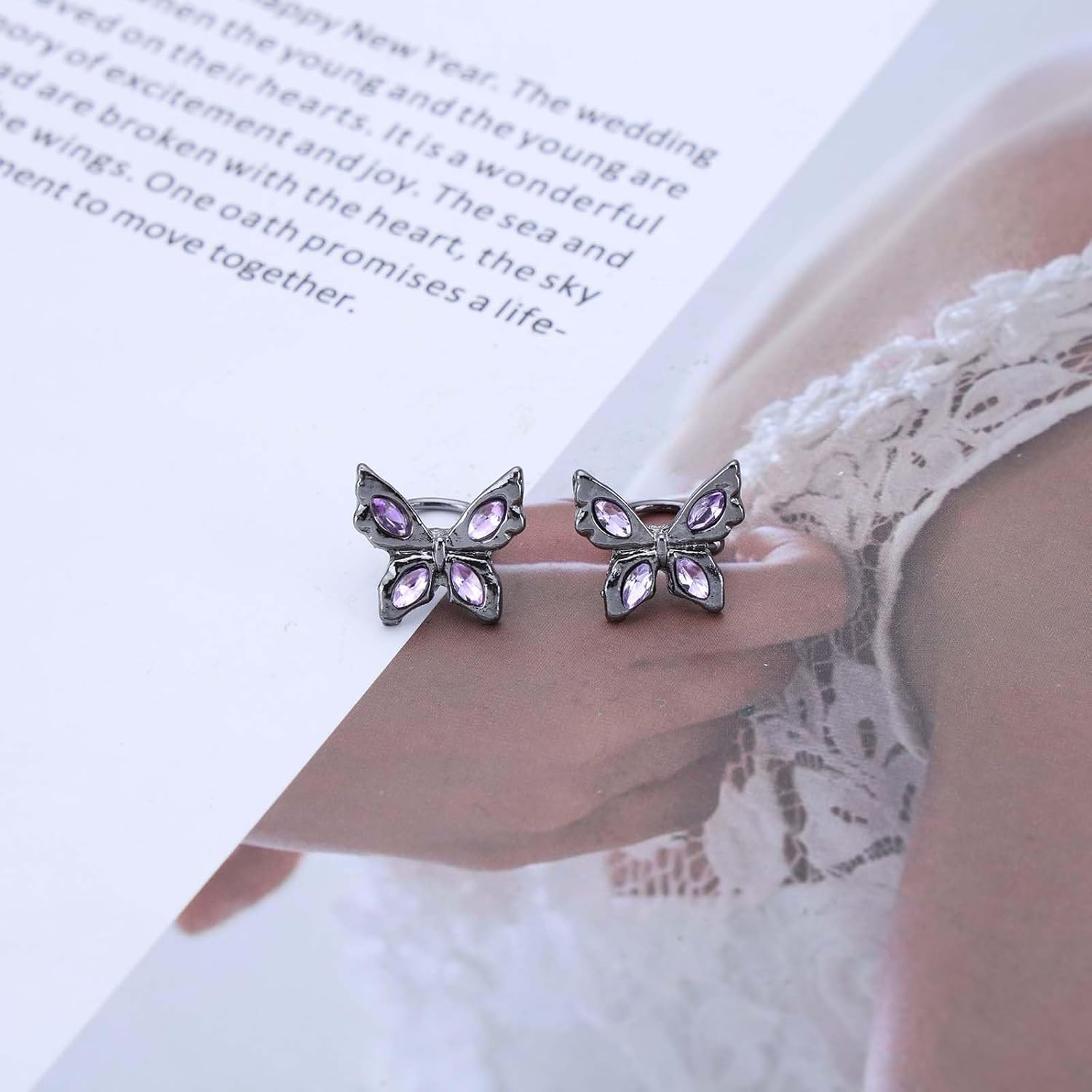 Boho Crystal Butterfly Ear Cuff Earrings Black Butterfly Cuff Wrap Earrings Amethyst Butterfly Earrings Butterfly Wing Cartilage Cuff Earrings Purple Rhinestone Butterfly Earrings Jewelry - Image 4