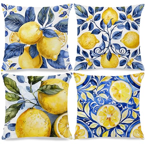 Image of Boho Summer Lemon Coastal Pillow Cover 18x18 Set of 4,Cottagecore Lemon Home Decor,Blue and Yellow Italian Botanical Fruit Decorative Lumber Throw Pillow Cover for Home Bedroom Living Room