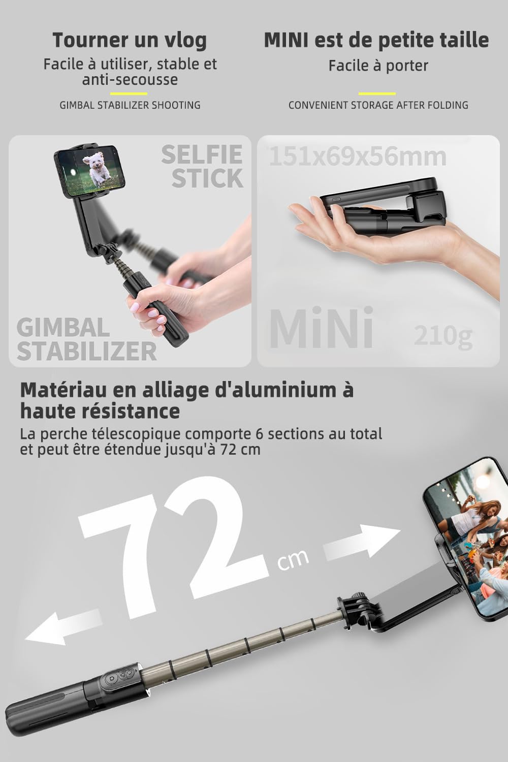 Stabilisateur Smartphone,avec lumière de Remplissage et télécommande, Portable et Pliable, Perche à Selfie à Cardan Portable pour Vidéo Vlog, Compatible avec Android/iOS