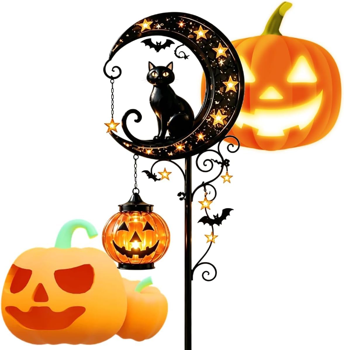 Solar Halloween Black Cat & Pumpkin Moon Garden Stake Light, #C