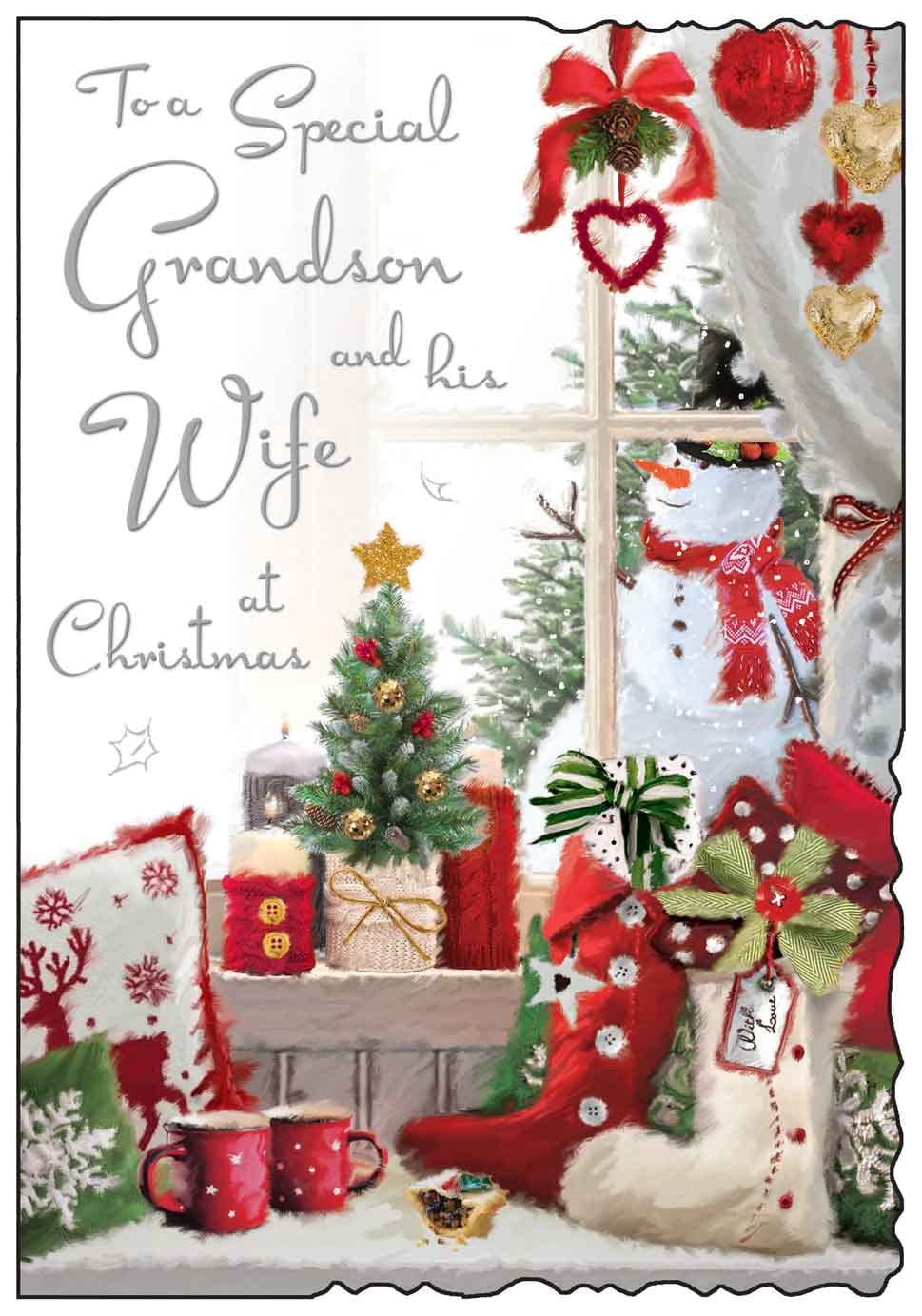 Jonny Javelin Special Grandson And His Wife At Christmas Card Festive Window, beige|white|black|red|grey, 157mm x 235mm