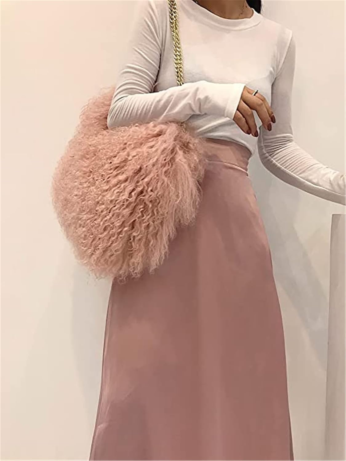 ME-01 Big Fluffy Fur Handbag With Real Mongolian Lamb Fur Long Curly Hair And Long Exchangeable Silver Chain Luxury Shoulder Bag Furry Clutch For Women(One Size, Rubber Powder)