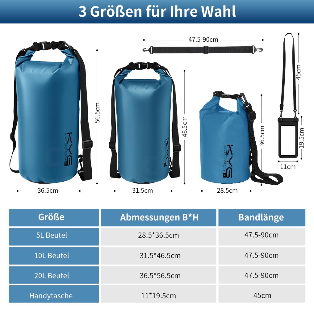 KYG Dry Bag Borsa Impermeabile, 5L/10L/20L, con Custodia Impermeabile per Cellulare, Borsa Asciutta per Spiaggia e Sport All'aperto, Escursionismo, SCI, Pesca, Arrampicata, Campeggio, Surf, Rafting