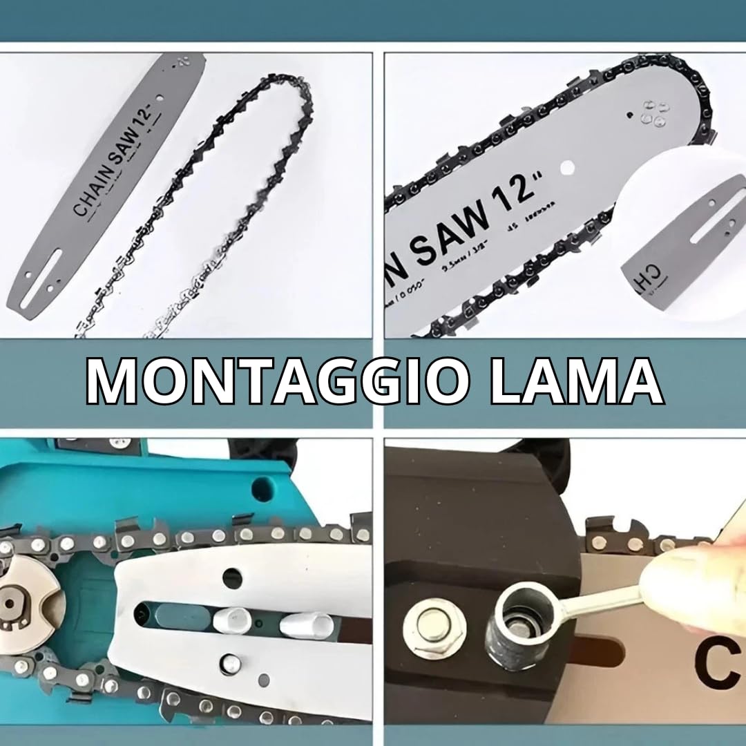 Motosega a Batteria 12” per Potatura con Oliatore, Sega Elettrica per Legno con 2 Batterie, Compatta e Portatile per Giardinaggio.