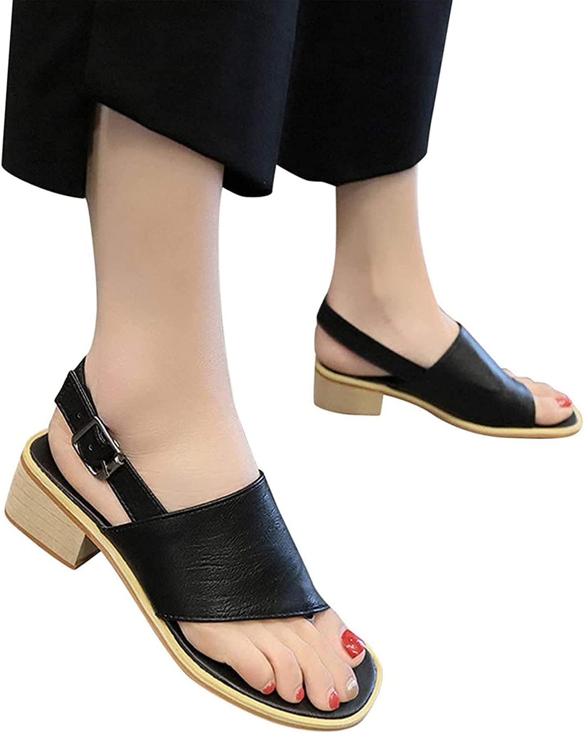 MIAOZHANG Women Sandals Chunky Heel Buckle Strap Sandals Summer Women's Pinch Flip-Flop Sandalsretro Ankle Strap Open Toe Casual Shoes Mid Heel Sandals,3,EU 40