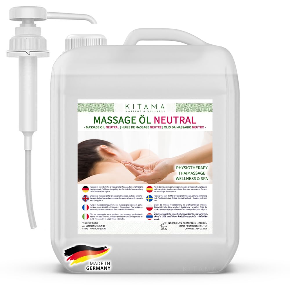 Aceite de masaje neutro de 10 litros con bomba DIN 45 - Aceite de masaje profesional para fisioterapia Masaje tailandés Masaje neutro, sin color y conservantes en calidad de farmacopea