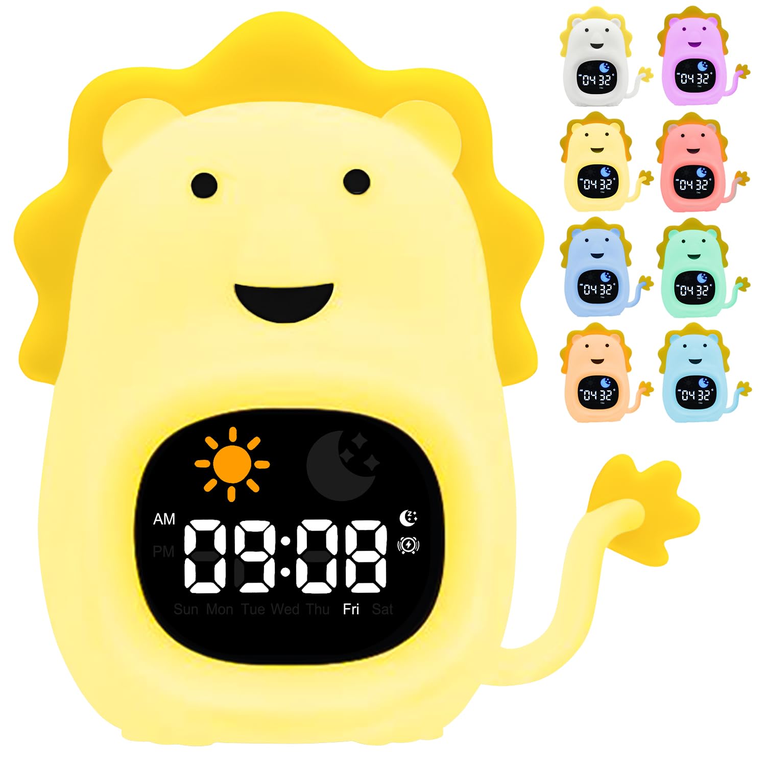 CCHKFEI Kids Alarm Clock, Rechargeable Night Light with 6 White Noise Sound Machine, Toddler Sleep Training Alarm with 8 Colors Night Light, Perfect Clock Gift for Kids Boys Girls.(Lion)