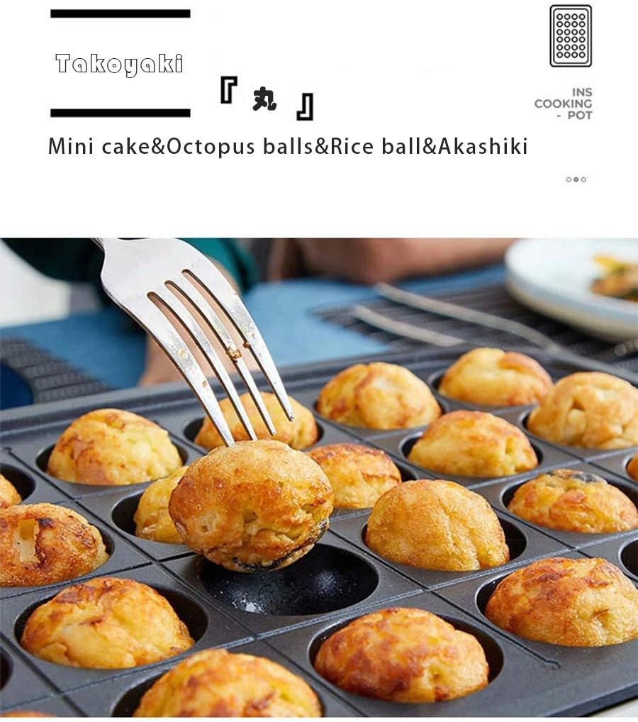 Top view of the Joydeem Compact Multifunction Hot Plate IT-6099B with the Takoyaki pan inserted, showing octopus balls being cooked.