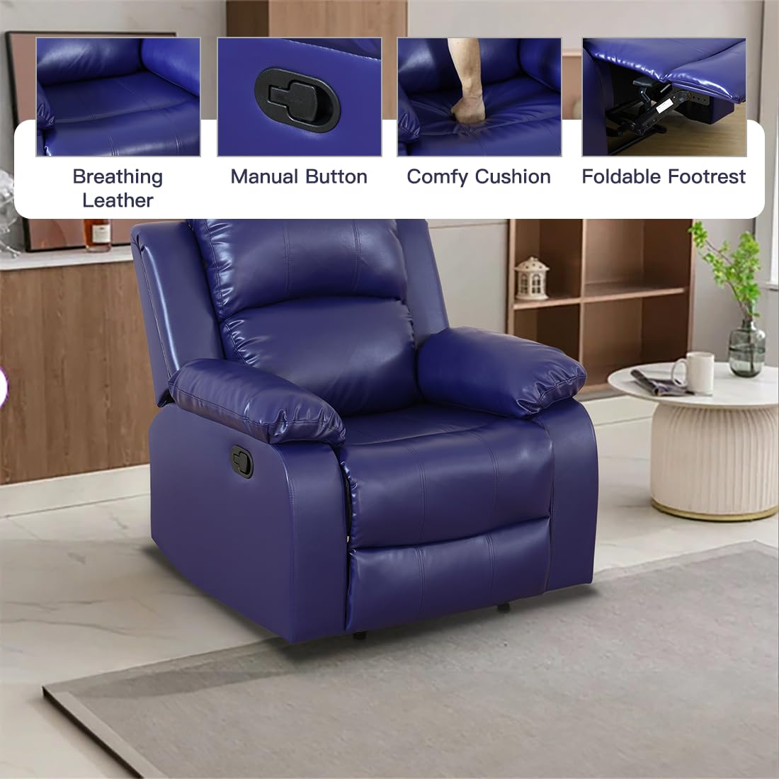 Toseslo Manual Recliner Chair Set, Living Room Furniture Sets with Adjustable Footrests, Modern Single Reclining Sofa Chair, Leather Reclining Couches, Recliner Furniture for RV/Apartment(Blue) view 3