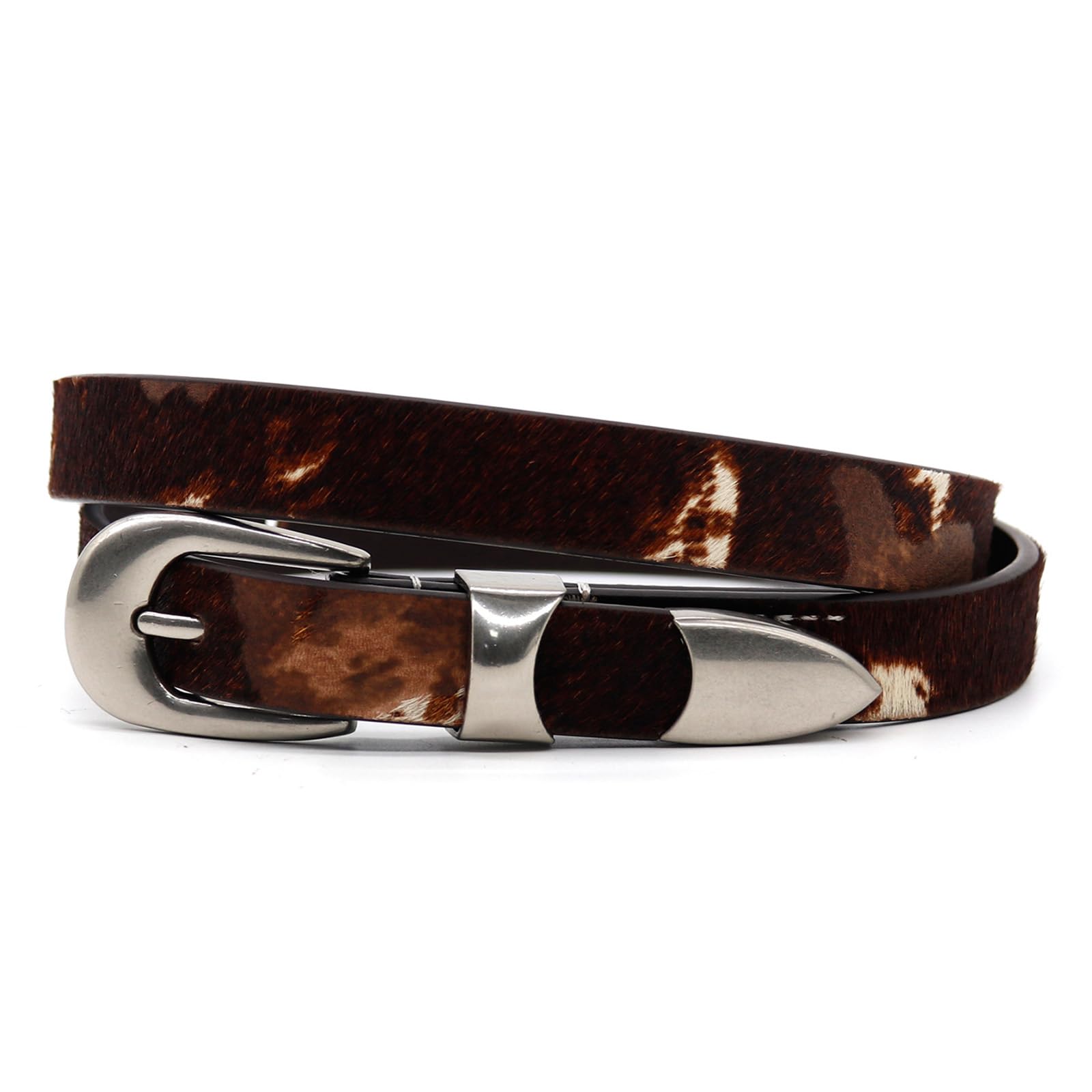 Wrjahcg Unisex Brown Cow Hair Leather Belt For Women, Pin Buckle Jeans Dress Belt, In Animal Print Trendy Ladies Slim Waistband(25Mm),,95Cm/37.4''