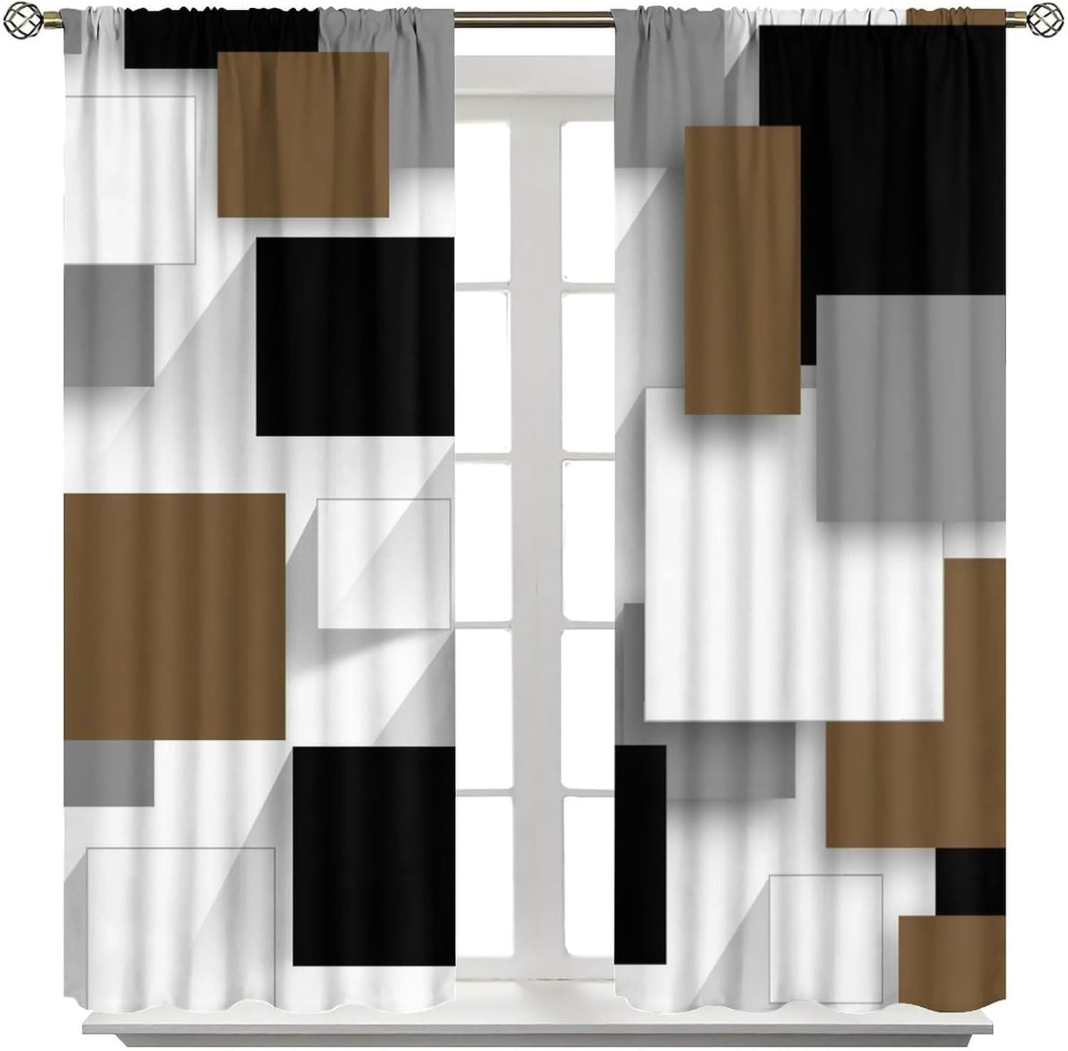 Brown Black Grey Geometric Curtains Abstract Mid Century Modern Multicolor Checkered Curtain with Rod Pocket for Bedroom Living Room Drapes Window Treatments 2 Panels Set 42x45 Inch