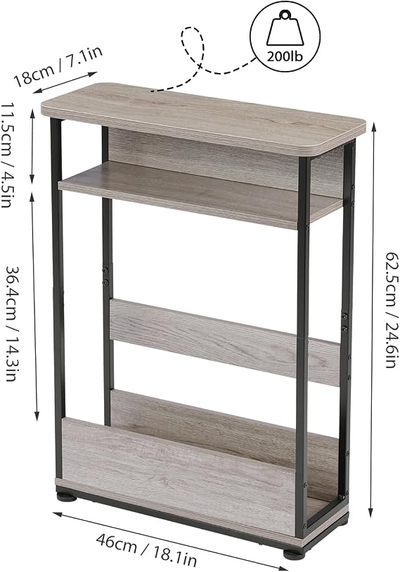 Vintage Narrow Side Table with Storage Shelf, 3 Tier Slim End Table Modern Sofa Table for Narrow and Small Spaces, 24.6 Inch Height Bedside Table Small Nightstand with Magazine Rack Space Saving/Oak