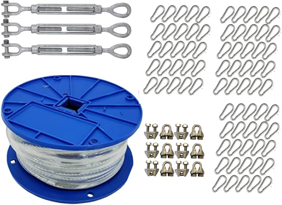 Jones Sports Heavy Duty Indoor/Outdoor Cable Kit for Baseball Softball Batting Cage Net with 3/8" turnbuckles, 3/16 Cable Clamps, and zinc snap Clips